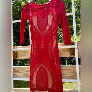 Red lace overlay w/ nude padded slip dress XS